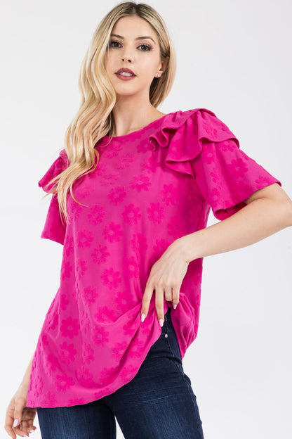 Celeste Full Size Ruffle Layered Short Sleeve Daisy Floral Top