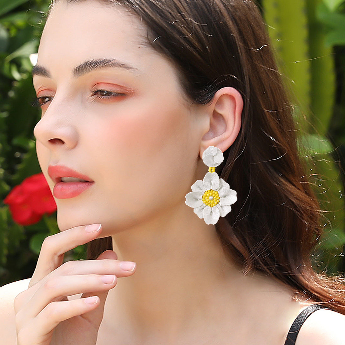 Bead PU Leather Stainless Steel Flower Earrings