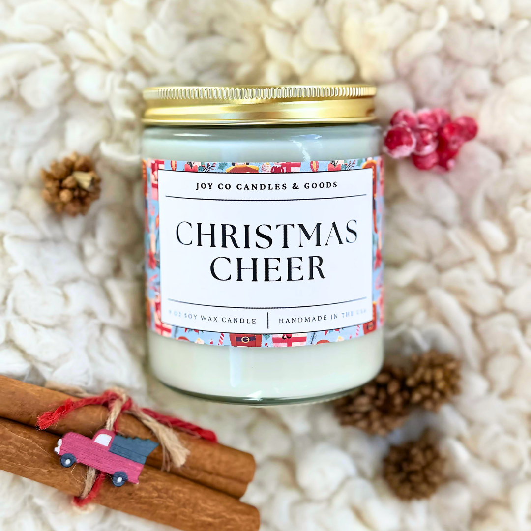 Christmas Cheer Candle, Christmas Cottage Collection, Christmas Scented Candle, Christmas Gifts, Holiday Decor, 100% Soy Wax 9 oz Candle, 50 Hour Burn Time, Recyclable Clear Glass Jar, Made in the USA