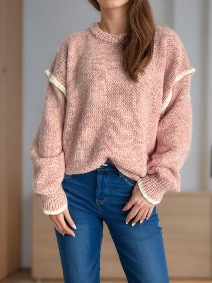 Contrast Trim Round Neck Dropped Shoulder Sweater