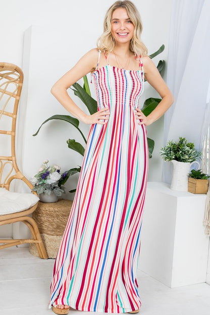 PLUS STRIPE SMOCKED MAXI DRESS