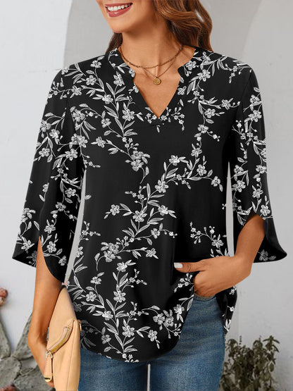 Notched Slit Half Sleeve Blouse