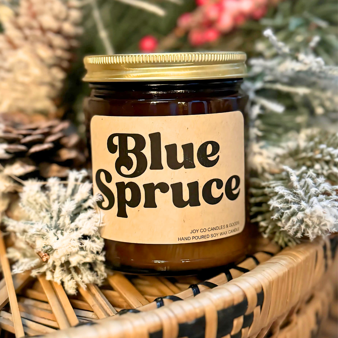 Blue Spruce Candle, Christmas Pine Fragrance, Holiday Decor, 100% Soy Wax 9 oz Candle, 50 Hour Burn Time, Recyclable Amber Glass Jar, Made in the USA