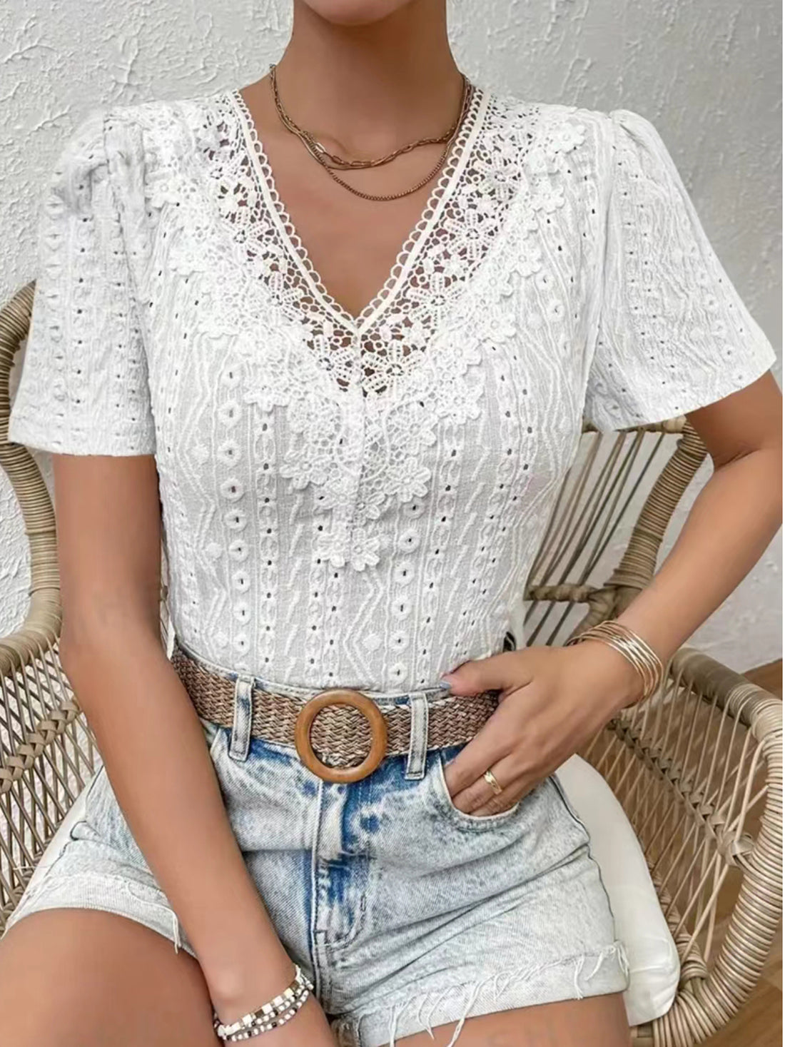 Eyelet Lace Detail V-Neck Short Sleeve Blouse