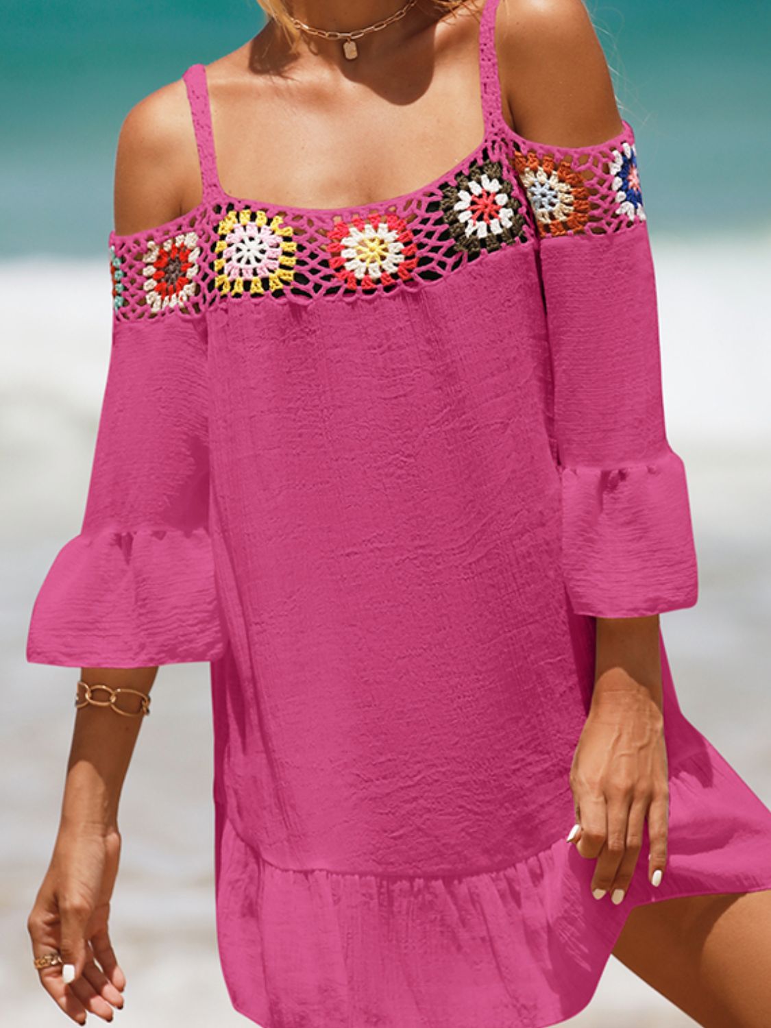 Crochet Cold Shoulder Three-Quarter Sleeve Cover Up