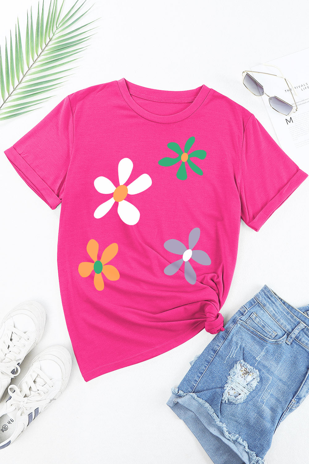 Flower Round Neck Short Sleeve T-Shirt