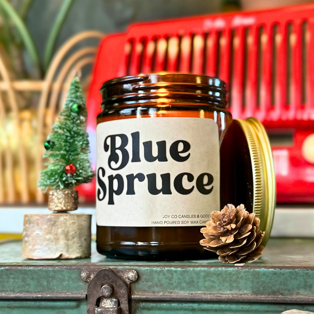 Blue Spruce Candle, Christmas Pine Fragrance, Holiday Decor, 100% Soy Wax 9 oz Candle, 50 Hour Burn Time, Recyclable Amber Glass Jar, Made in the USA