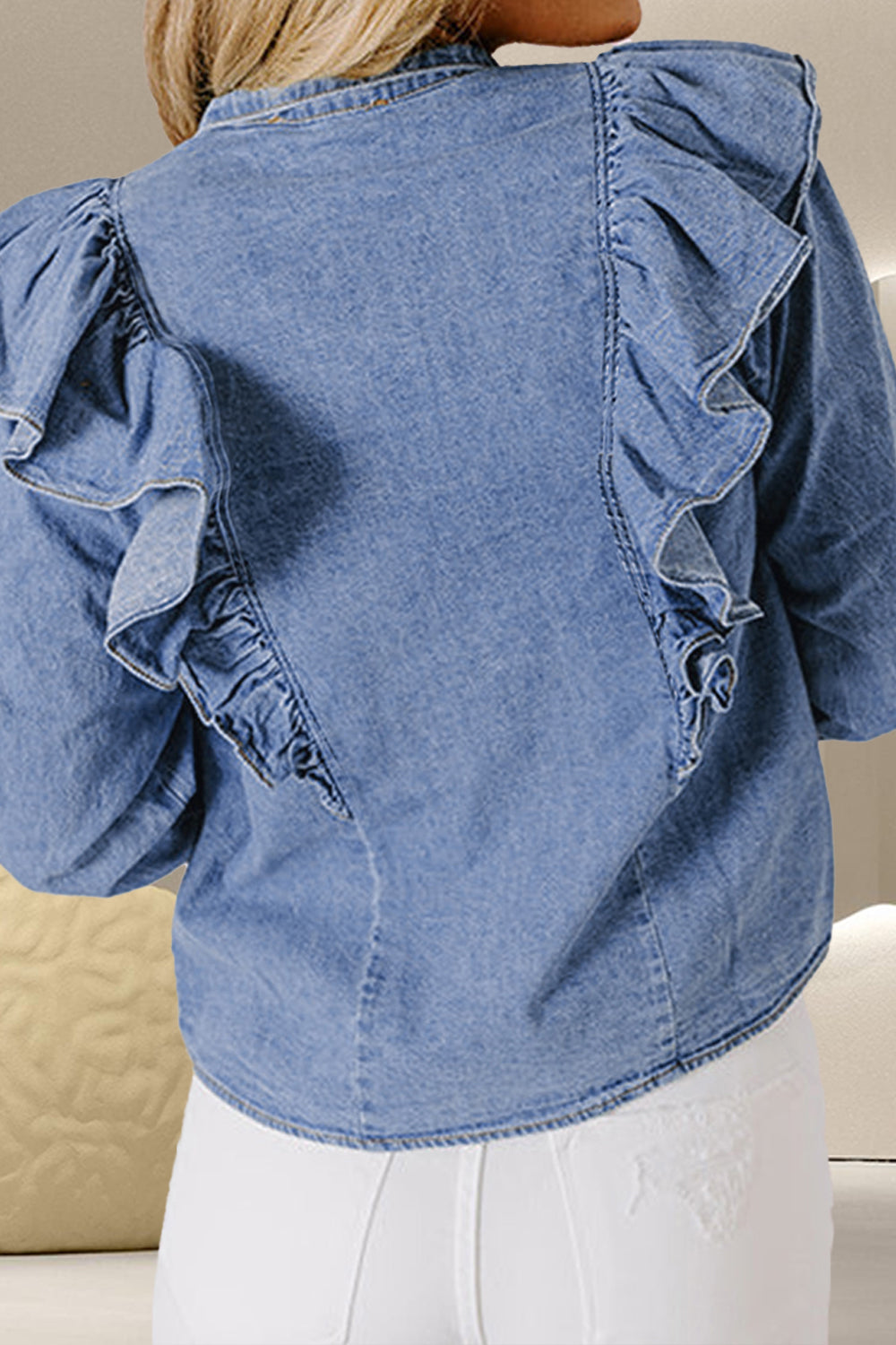 Ruffled Round Neck Long Sleeve Denim Top