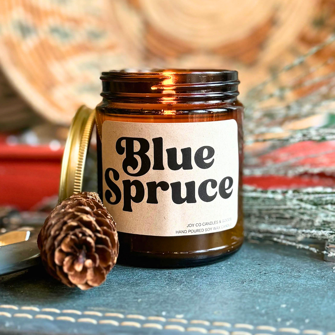 Blue Spruce Candle, Christmas Pine Fragrance, Holiday Decor, 100% Soy Wax 9 oz Candle, 50 Hour Burn Time, Recyclable Amber Glass Jar, Made in the USA