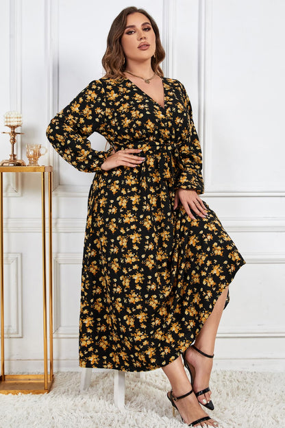 Melo Apparel Plus Size Floral Surplice Neck Long Sleeve Dress