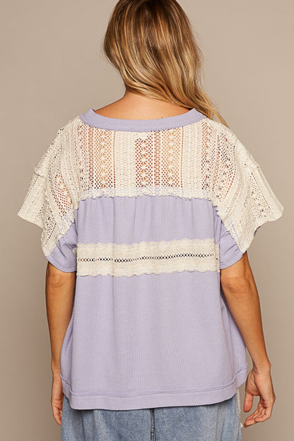 POL V-Neck Short Sleeve Crochet Detail Top