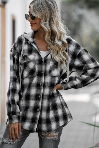 Drawstring Plaid Long Sleeve Hooded Shacket