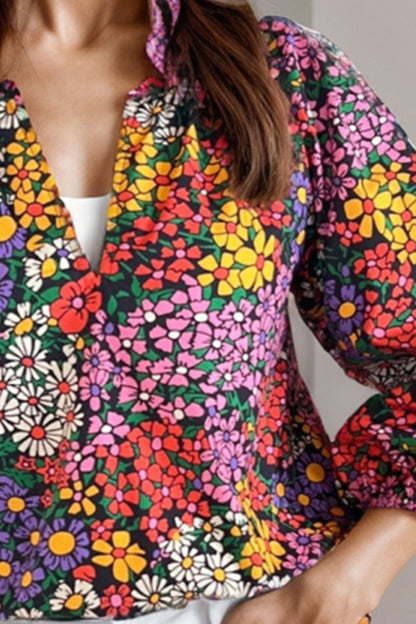 Floral Johnny Collar Balloon Sleeve Blouse