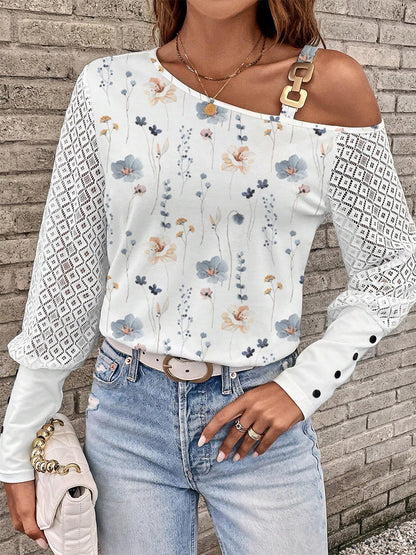 Printed Asymmetrical Neck Lantern Sleeve T-Shirt