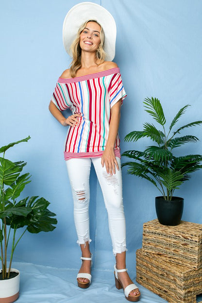 PLUS MULTI STRIPE OFF SHOULDER TOP