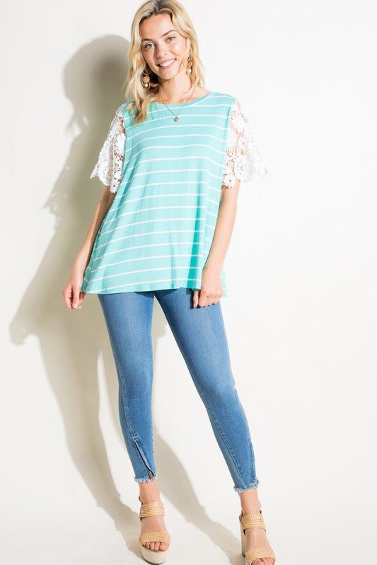 STRIPE JERSEY WITH LACE TOP