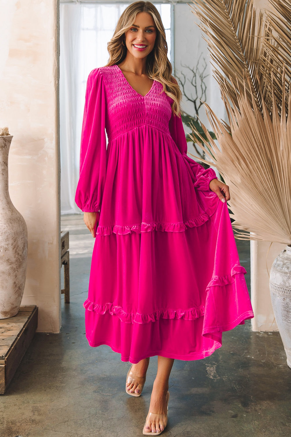 Frill V-Neck Balloon Sleeve Tiered Dress