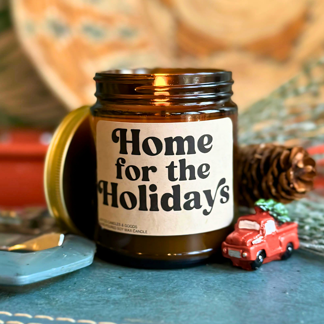 Home for the Holidays Candle, Groovy Christmas Collection, Christmas Scented Candle, Christmas Gifts, Holiday Decor, Soy Wax 9 oz Candle, 50 Hour Burn Time, Recyclable Amber Glass Jar, Made in the USA