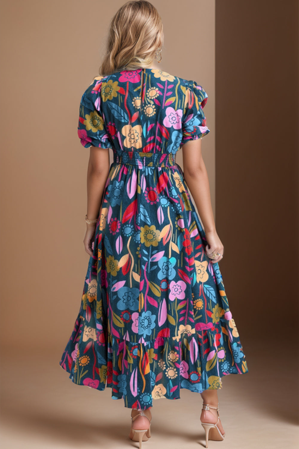 Printed Notched Puff Sleeve Midi Dress