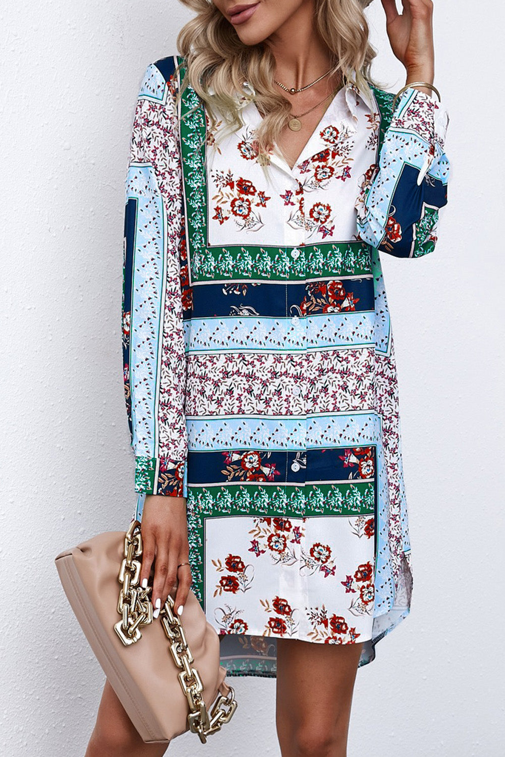 Printed Button Up Long Sleeve Shirt Dress