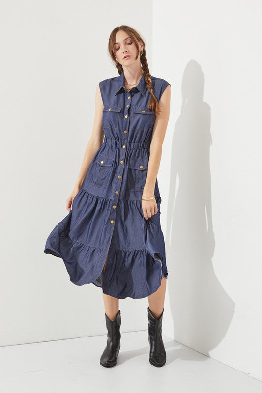 PLUS SLEEVELESS BUTTON DOWN COLLARED DENIM DRESS