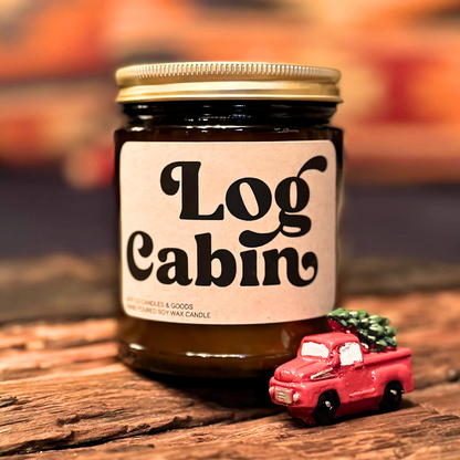 Log Cabin Candle, Groovy Christmas Collection, Christmas Scented Candle, Christmas Gifts, Holiday Decor, 100% Soy Wax 9 oz Candle, 50 Hour Burn Time, Recyclable Amber Glass Jar, Made in the USA