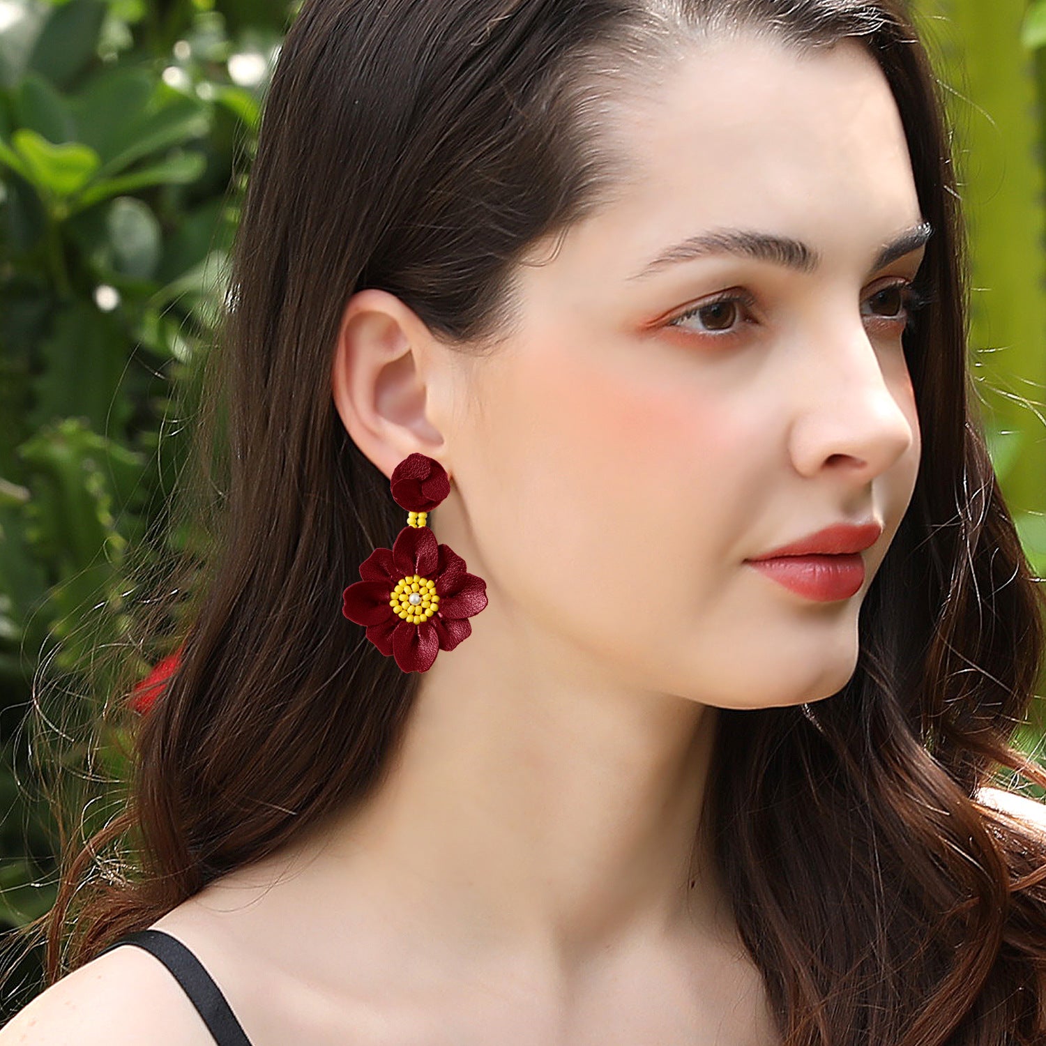 Bead PU Leather Stainless Steel Flower Earrings