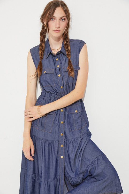 PLUS SLEEVELESS BUTTON DOWN COLLARED DENIM DRESS