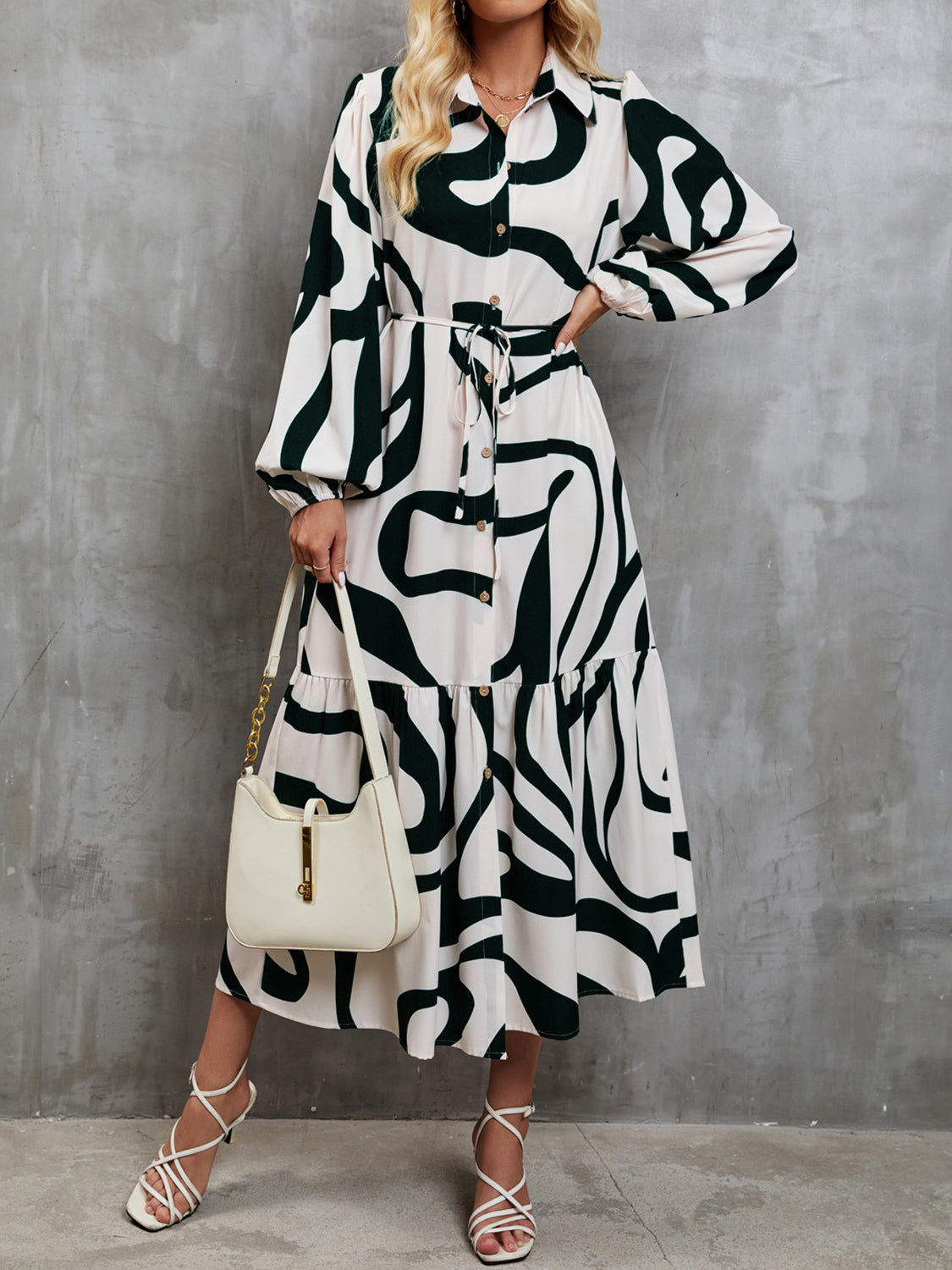 Tied Button Up Balloon Sleeve Dress