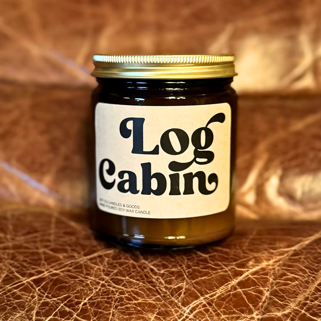 Log Cabin Candle, Groovy Christmas Collection, Christmas Scented Candle, Christmas Gifts, Holiday Decor, 100% Soy Wax 9 oz Candle, 50 Hour Burn Time, Recyclable Amber Glass Jar, Made in the USA