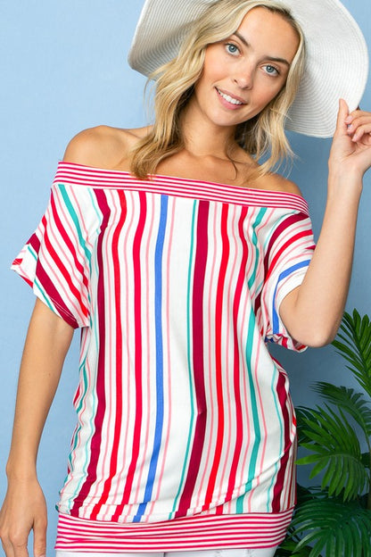 PLUS MULTI STRIPE OFF SHOULDER TOP