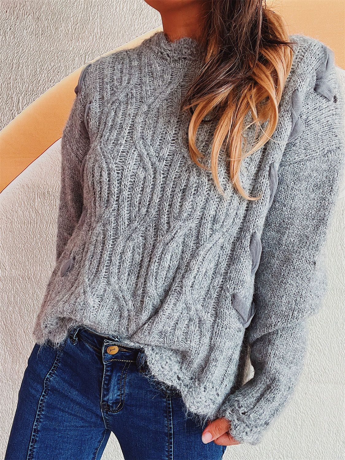 Scalloped Hem Dropped Shoulder Long Sleeve Sweater