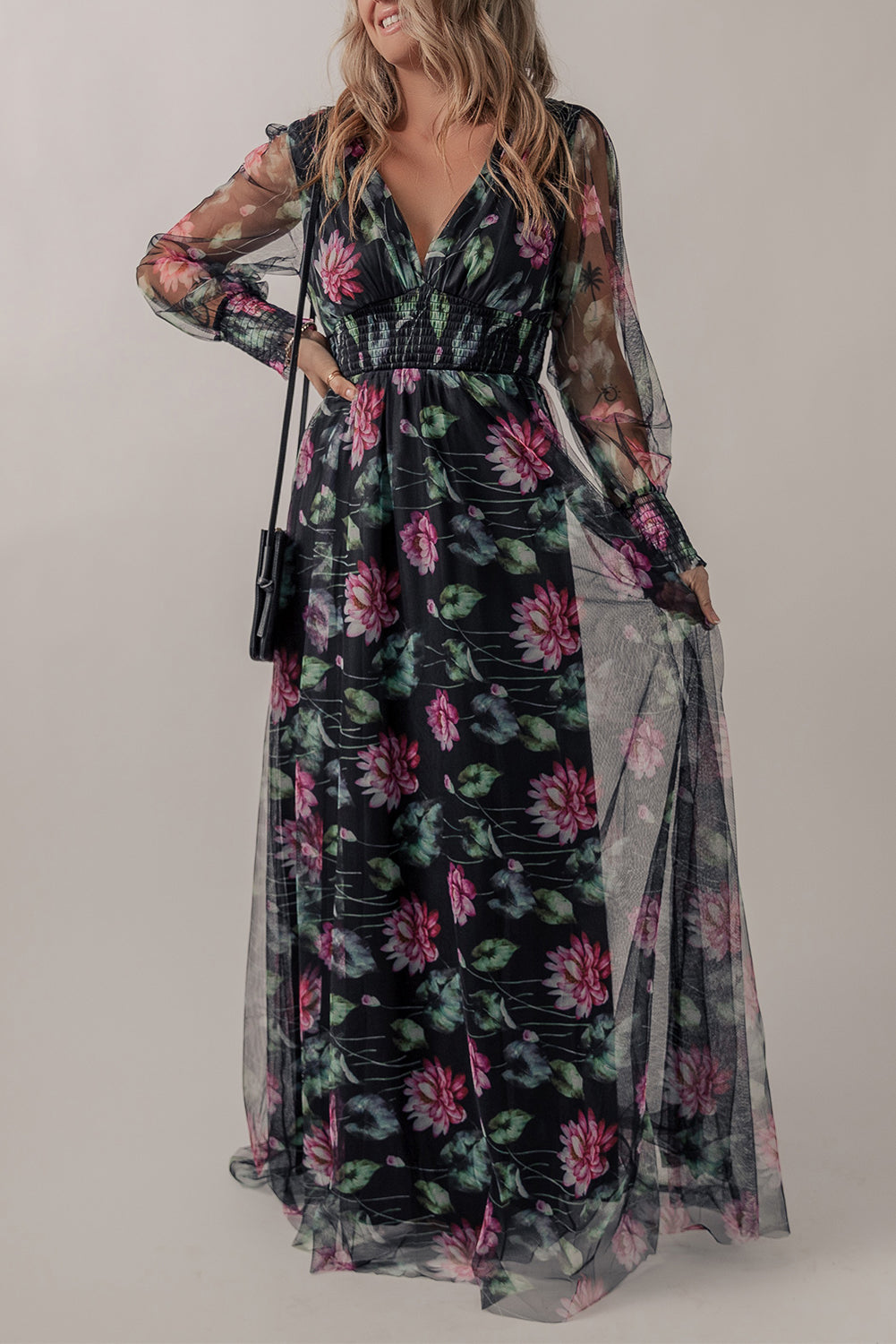 Somcked Floral V-Neck Long Sleeve Dress