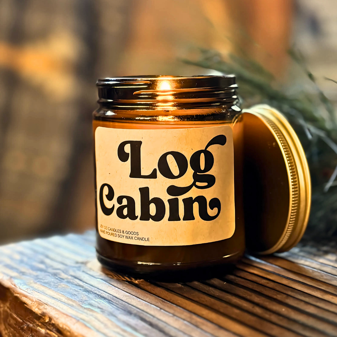 Log Cabin Candle, Groovy Christmas Collection, Christmas Scented Candle, Christmas Gifts, Holiday Decor, 100% Soy Wax 9 oz Candle, 50 Hour Burn Time, Recyclable Amber Glass Jar, Made in the USA