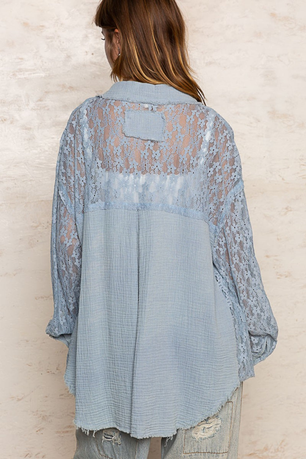 POL Oversize Pocket Front Lace Button-Down Shirt