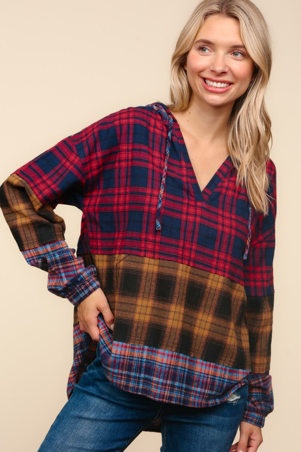 Haptics Plaid Edge Cut Detail Hooded Top