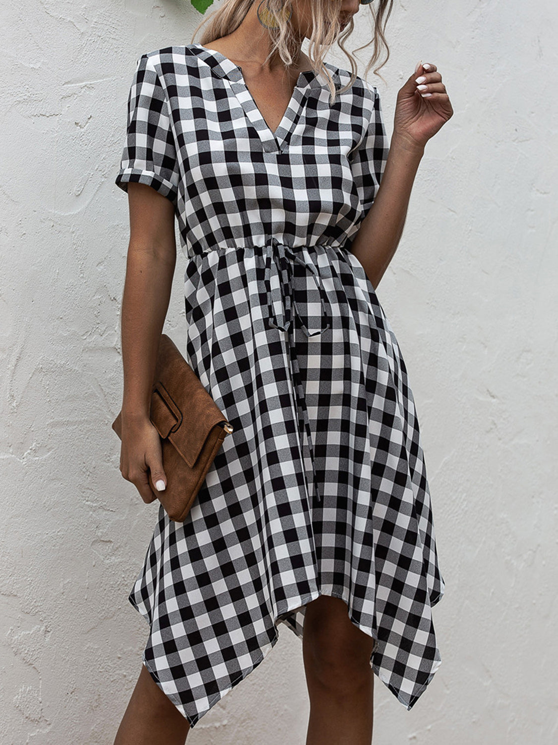 Plaid Notched Short Sleeve Dress