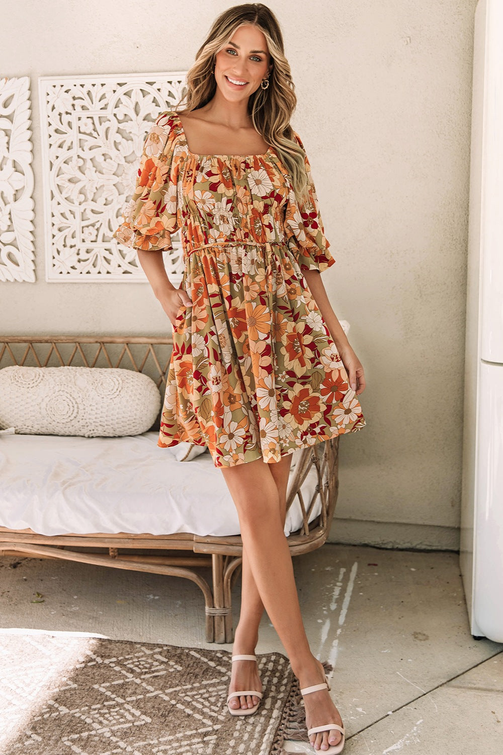 Floral Square Neck Mini Dress