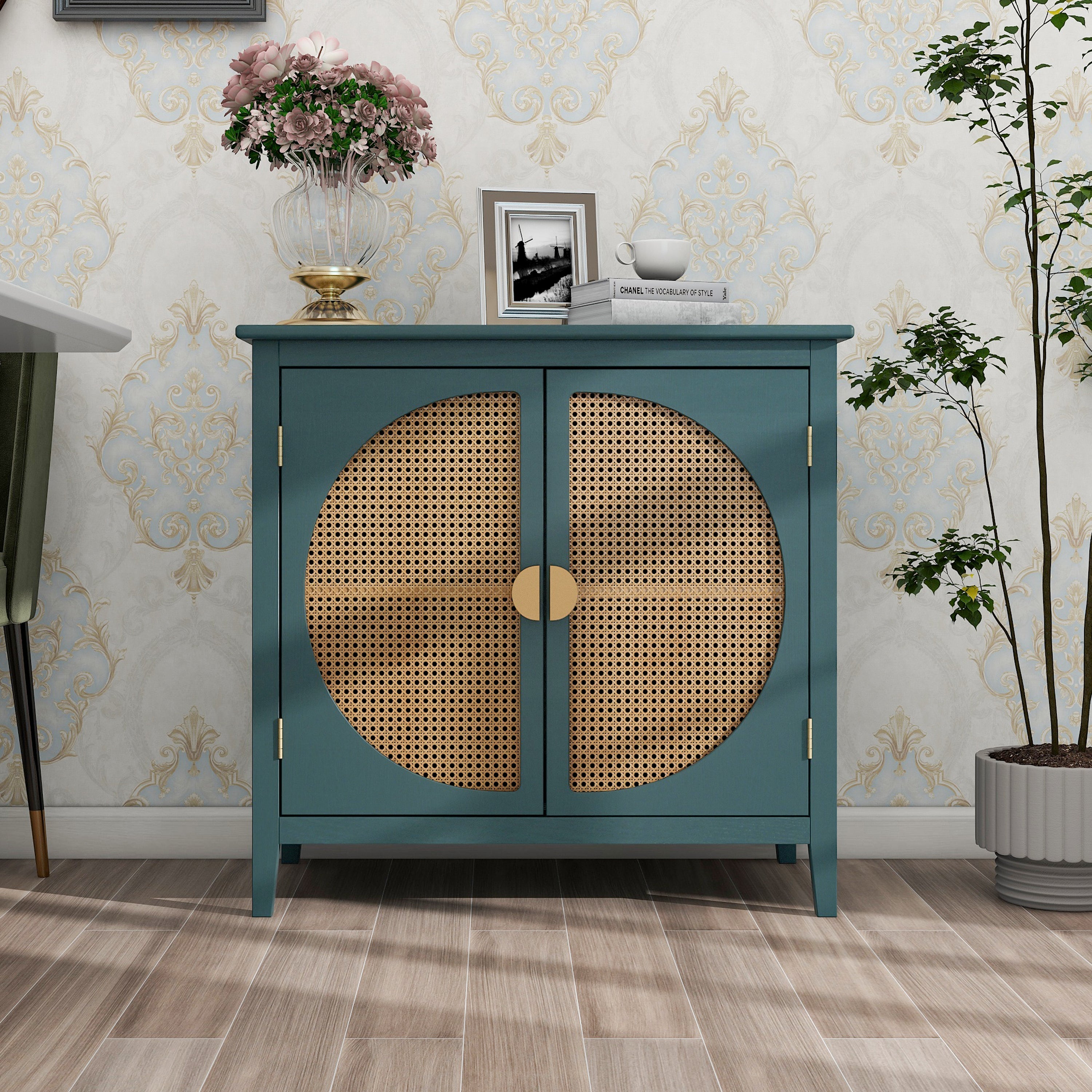 2 Doors Cabinet With Natural Rattan Weaving-4