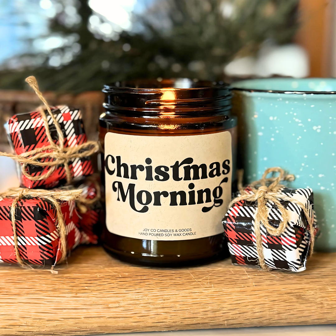 Christmas Morning Candle, Groovy Christmas Collection, Christmas Scented Candle, Christmas Gifts, Holiday Decor, Soy Wax 9 oz Candle, 50 Hour Burn Time, Recyclable Amber Glass Jar, Made in the USA