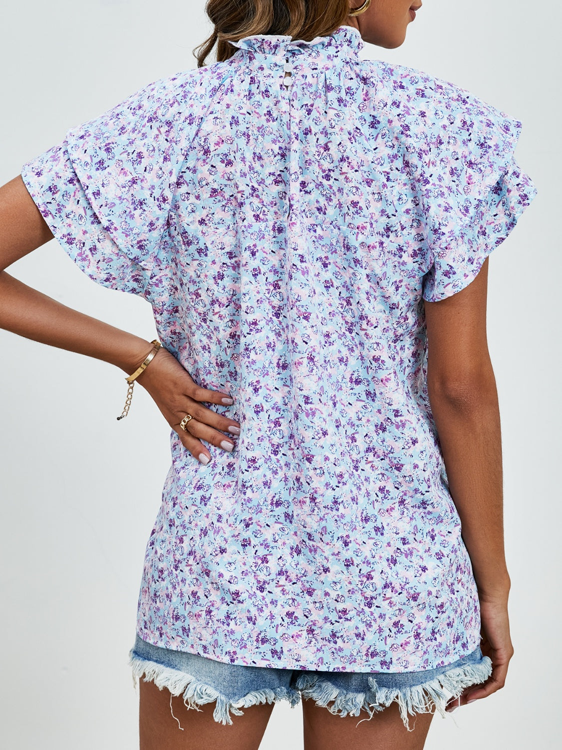 Ditsy Floral Mock Neck Flounce Sleeve Blouse