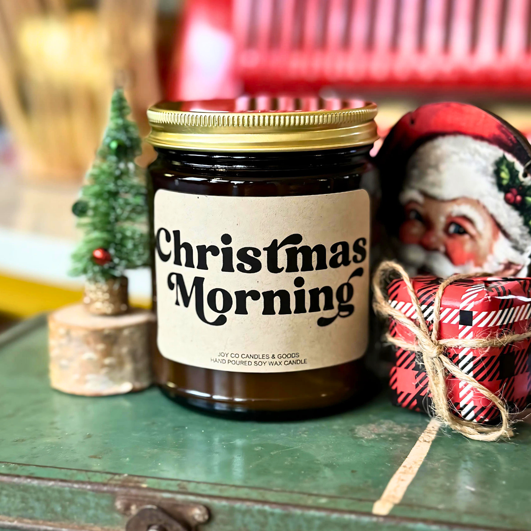 Christmas Morning Candle, Groovy Christmas Collection, Christmas Scented Candle, Christmas Gifts, Holiday Decor, Soy Wax 9 oz Candle, 50 Hour Burn Time, Recyclable Amber Glass Jar, Made in the USA