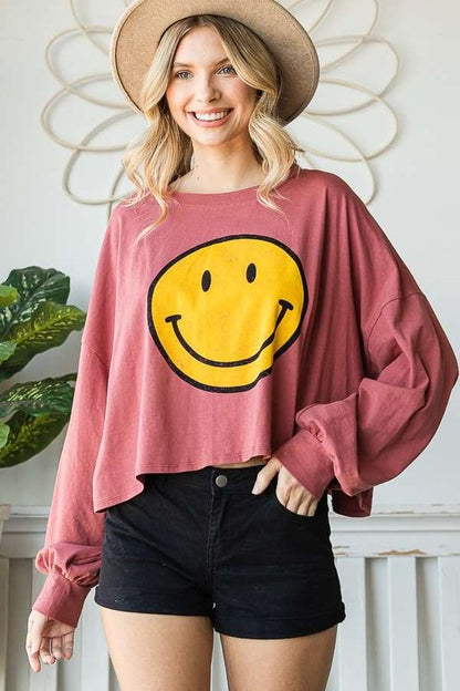 Smiley Face Long Sleeve Crop Top Plus