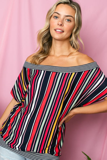 PLUS MULTI STRIPE OFF SHOULDER TOP