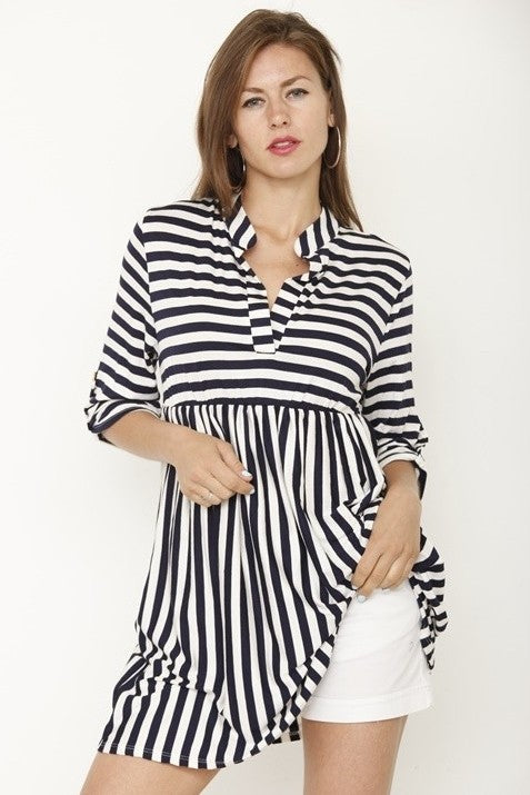 Tab sleeve stripe tunic /mini dress