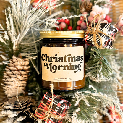 Christmas Morning Candle, Groovy Christmas Collection, Christmas Scented Candle, Christmas Gifts, Holiday Decor, Soy Wax 9 oz Candle, 50 Hour Burn Time, Recyclable Amber Glass Jar, Made in the USA