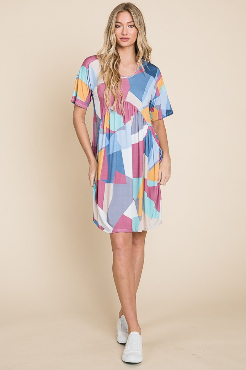 BOMBOM Ruched Color Block Short Sleeve Dress