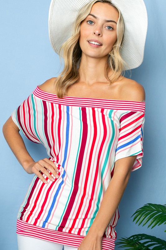 PLUS MULTI STRIPE OFF SHOULDER TOP