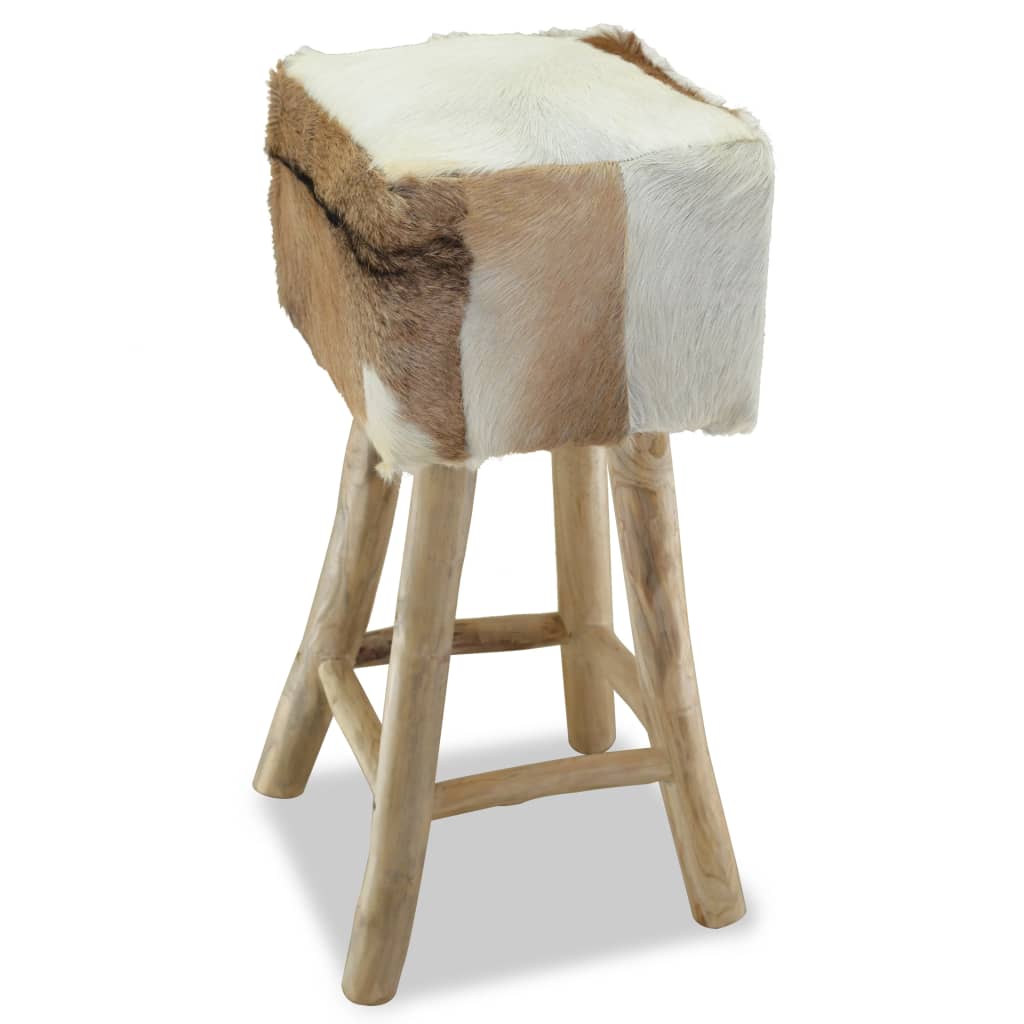 vidaXL Bar Stool Real Leather and Solid Teak Wood-0