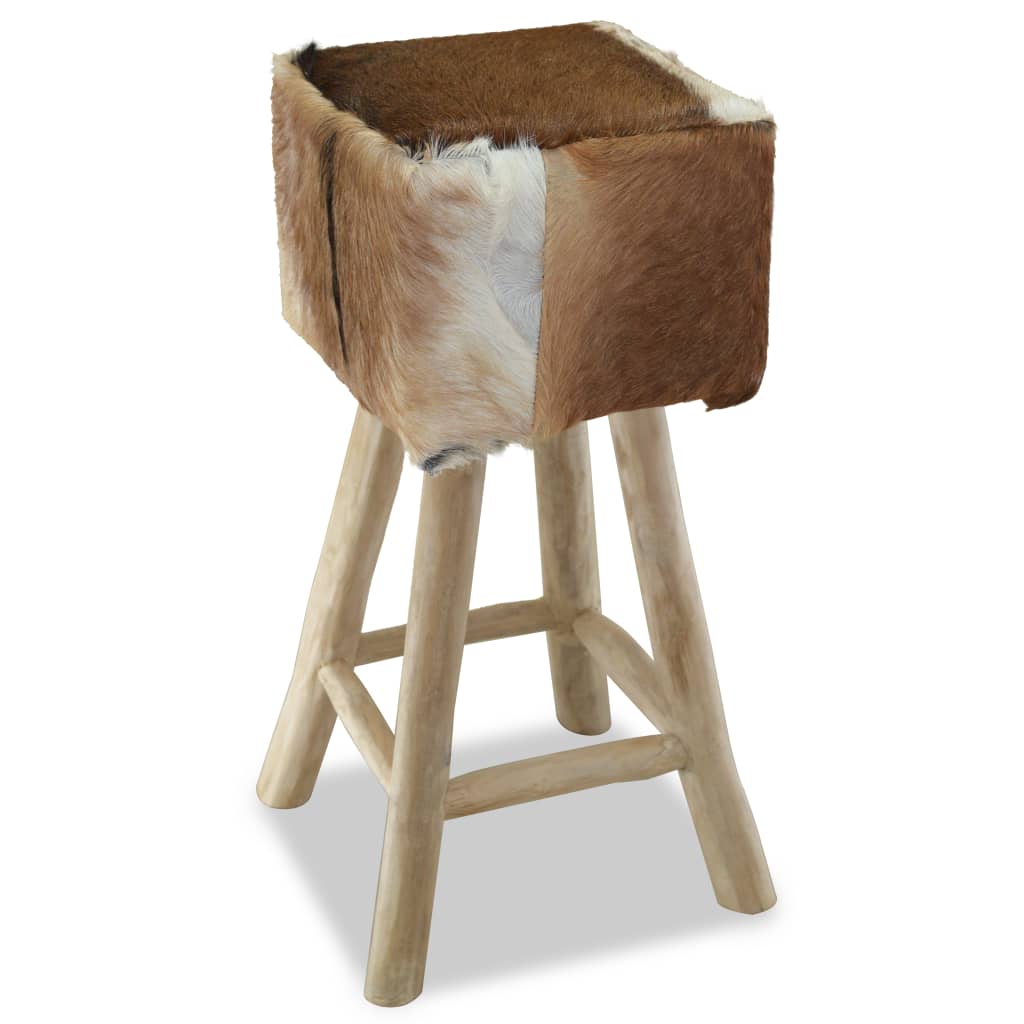 vidaXL Bar Stool Real Leather and Solid Teak Wood-2